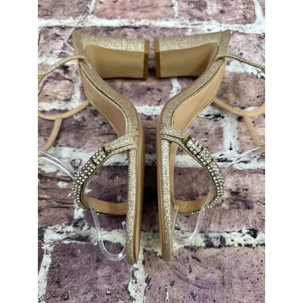 Jewel Badgley Mischka Gold Glitter Crystal Block Heel Sandals Women Formal NWOB